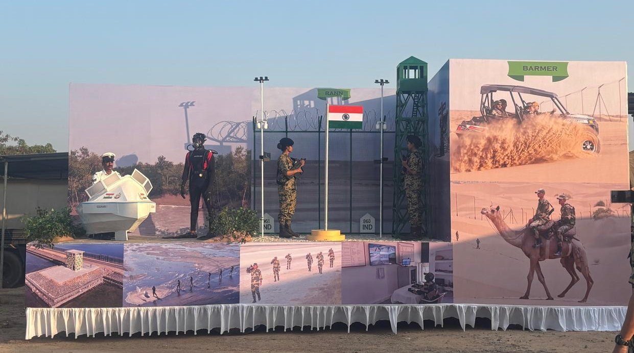BSF border tableau with watchtower, border fence, Indian flag, soldier figures, a patrol boat model and desert panels