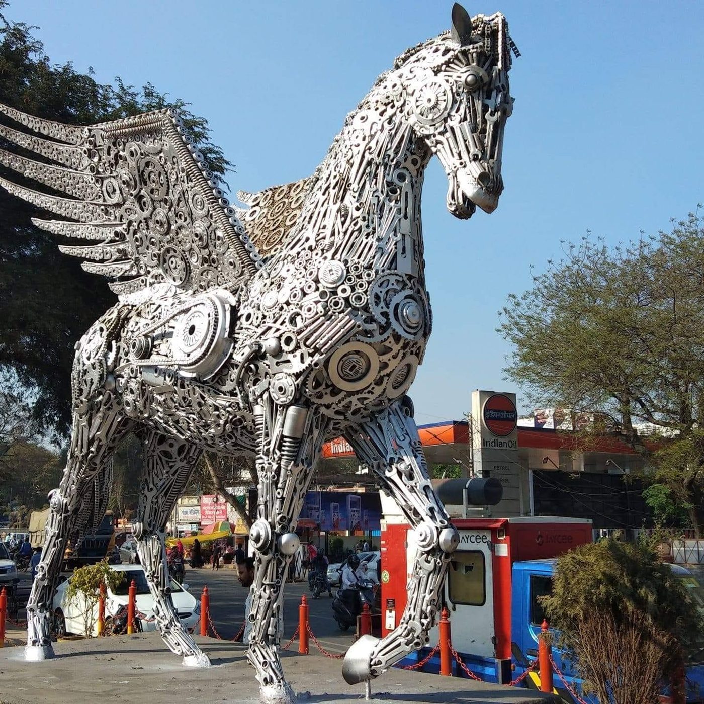 Winged horse sculpture made from scrap metal parts